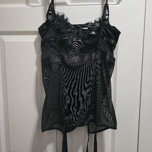 Sexy Black Sheer Lingerie Bustier Top with Garters – Adjustable Straps –Medium